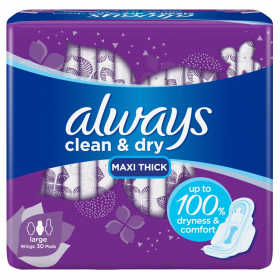 Always Clean & Dry Maxi Thick Large Sanitary Pads 30 Pcs