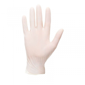 latex glove, medium sized, powdered, disposable. come in a box of 100.