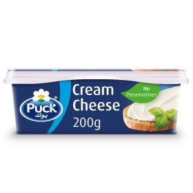 puck cream cheese, 200g, no preservatives, in a tub.