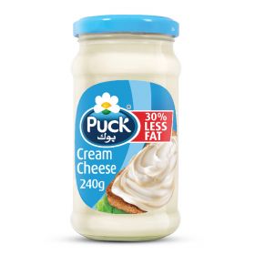puck cream cheese with 30% less fat, glass jar. 240g.