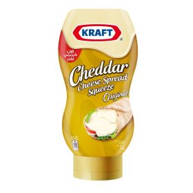 Kraft cheddar cheese spread squeeze original in a squeezable plastic bottle, 790 gm.