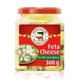the three cows feta cheese in oil & spices cubed in a jar, 300g.