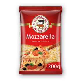 the three cows mozzarella cheese shredded modified with vegetable oil packed in a plastic bag. 200gm.